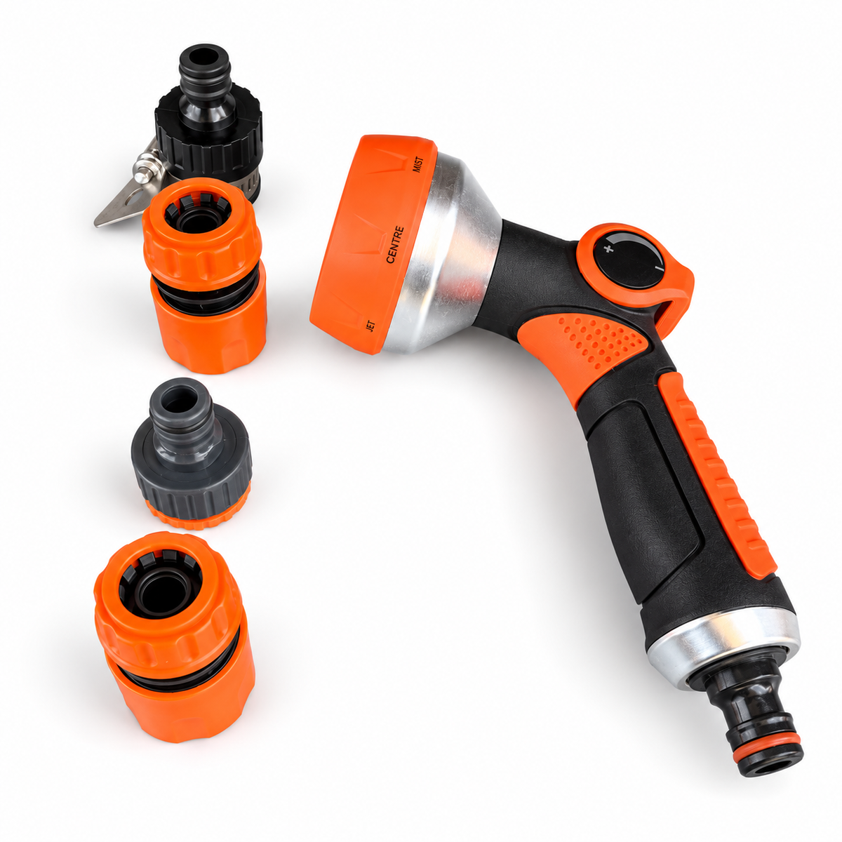 SMTE orange and black garden hose spray gun with four connector fittings
