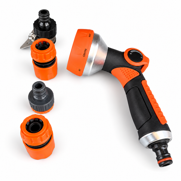 SMTE Garden Hose Spray Gun with Four Connector Fittings - Orange and Black