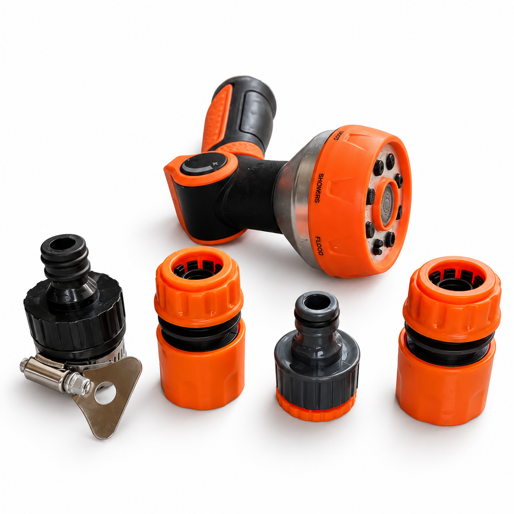 SMTE orange and black garden hose spray gun with four connector fittings