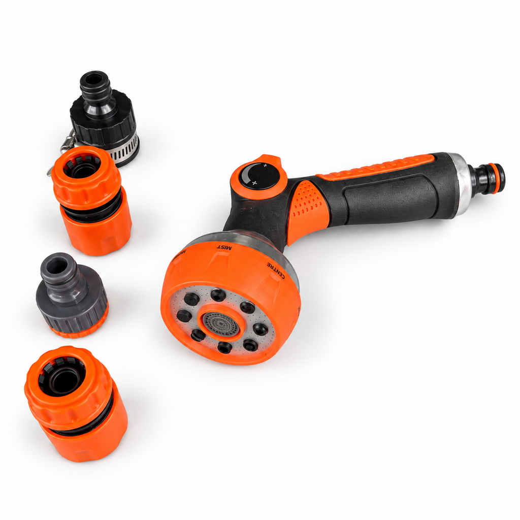 SMTE orange and black garden hose spray gun with four connector fittings