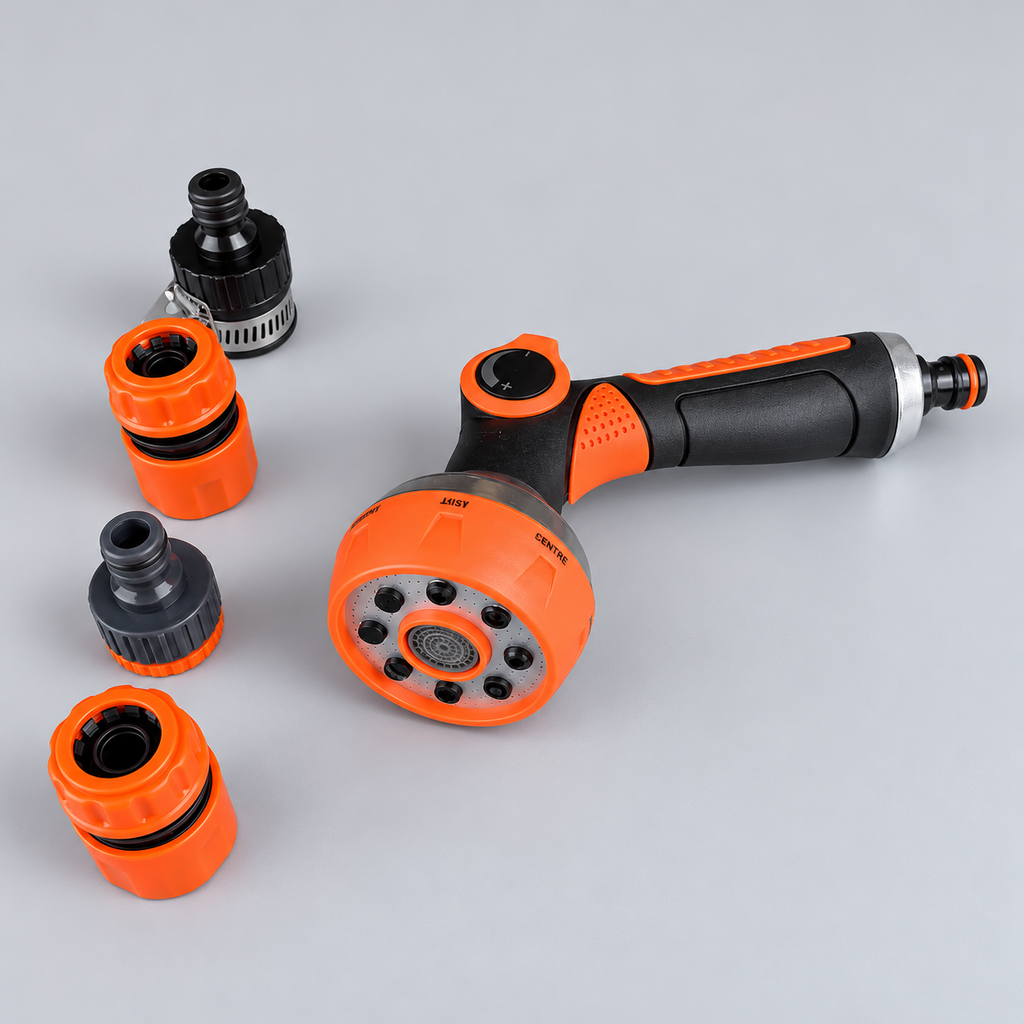 SMTE orange and black garden hose spray gun with four connector fittings
