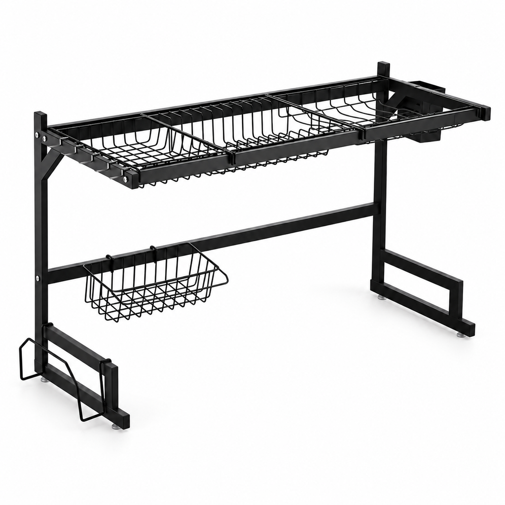 SMTE black over-sink kitchen rack with upper wire compartments and lower hanging basket