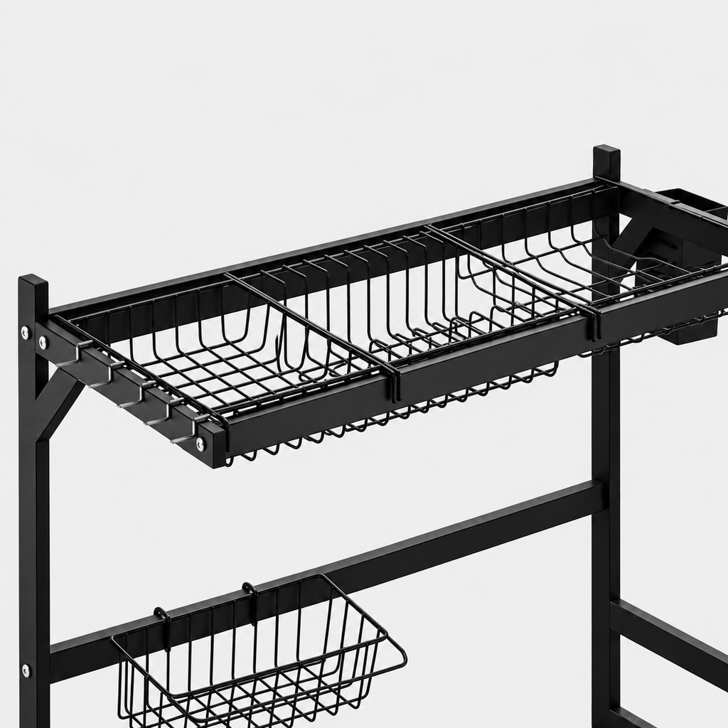 Detail of the SMTE black over-sink rack upper wire compartments and hanging basket