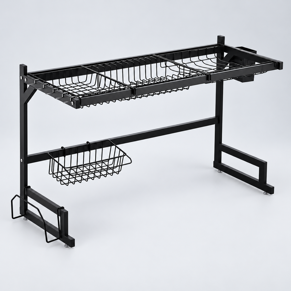 SMTE black over-sink kitchen rack with upper wire compartments and lower hanging basket