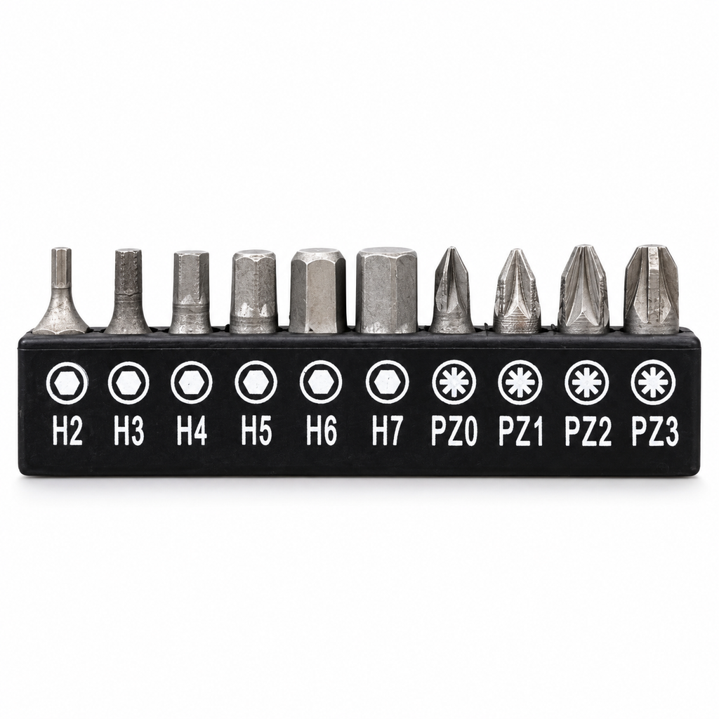Ten interchangeable screwdriver bits in black holder