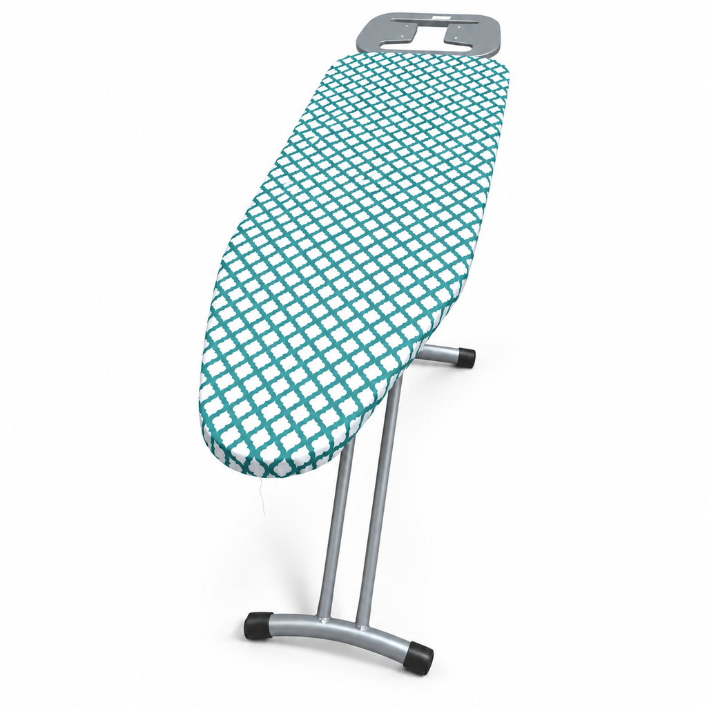 SMTE ironing board with green and white patterned cover and iron rest