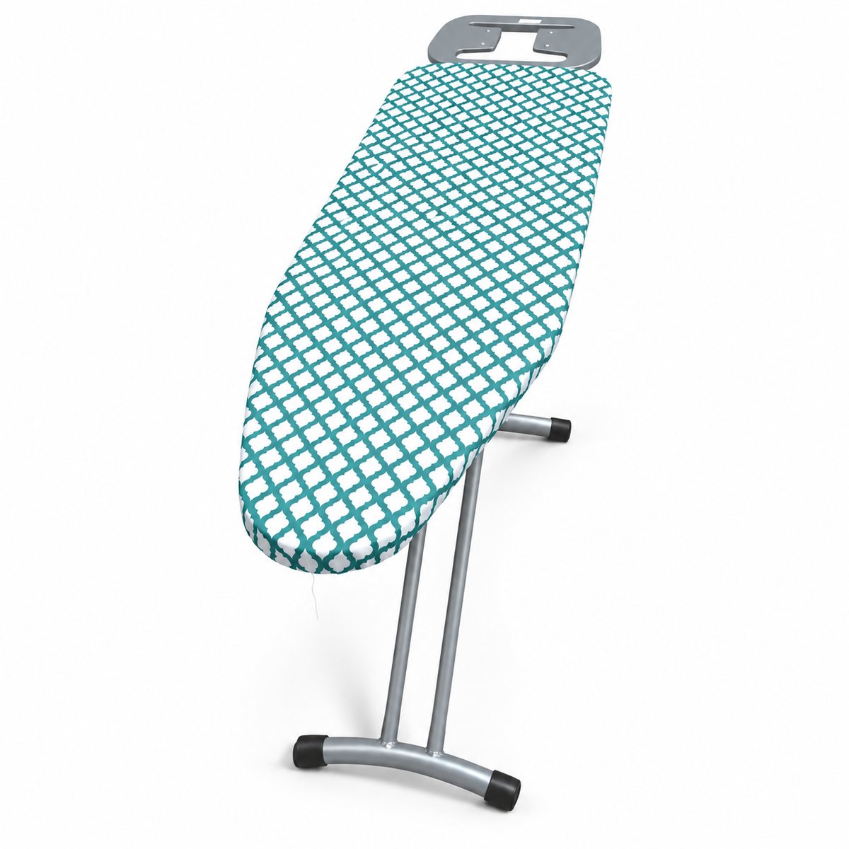 SMTE ironing board with green and white patterned cover and iron rest