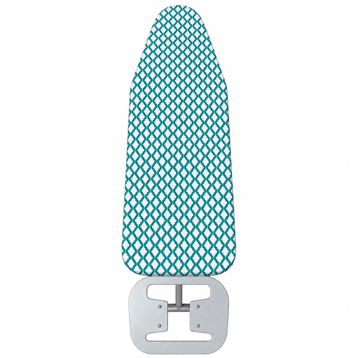 SMTE ironing board with green and white patterned cover and iron rest