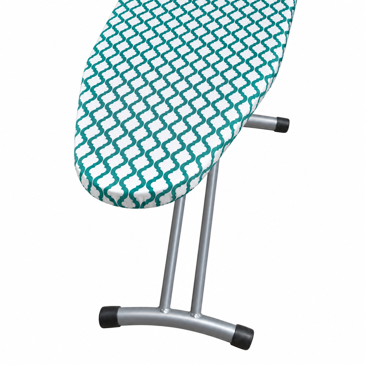SMTE ironing board with green and white patterned cover and iron rest