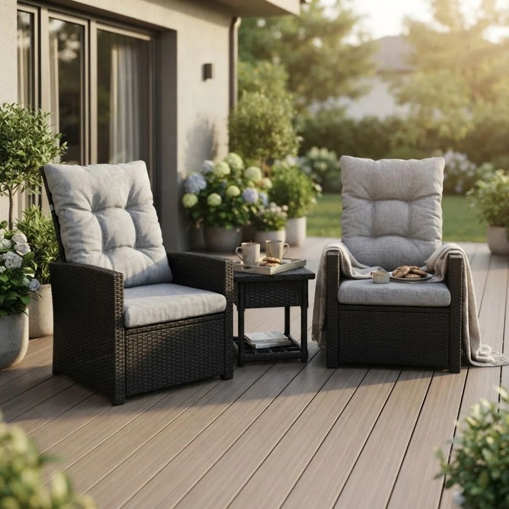 SMTE 3 Piece Outdoor Wicker Bistro Set with Side Table Black