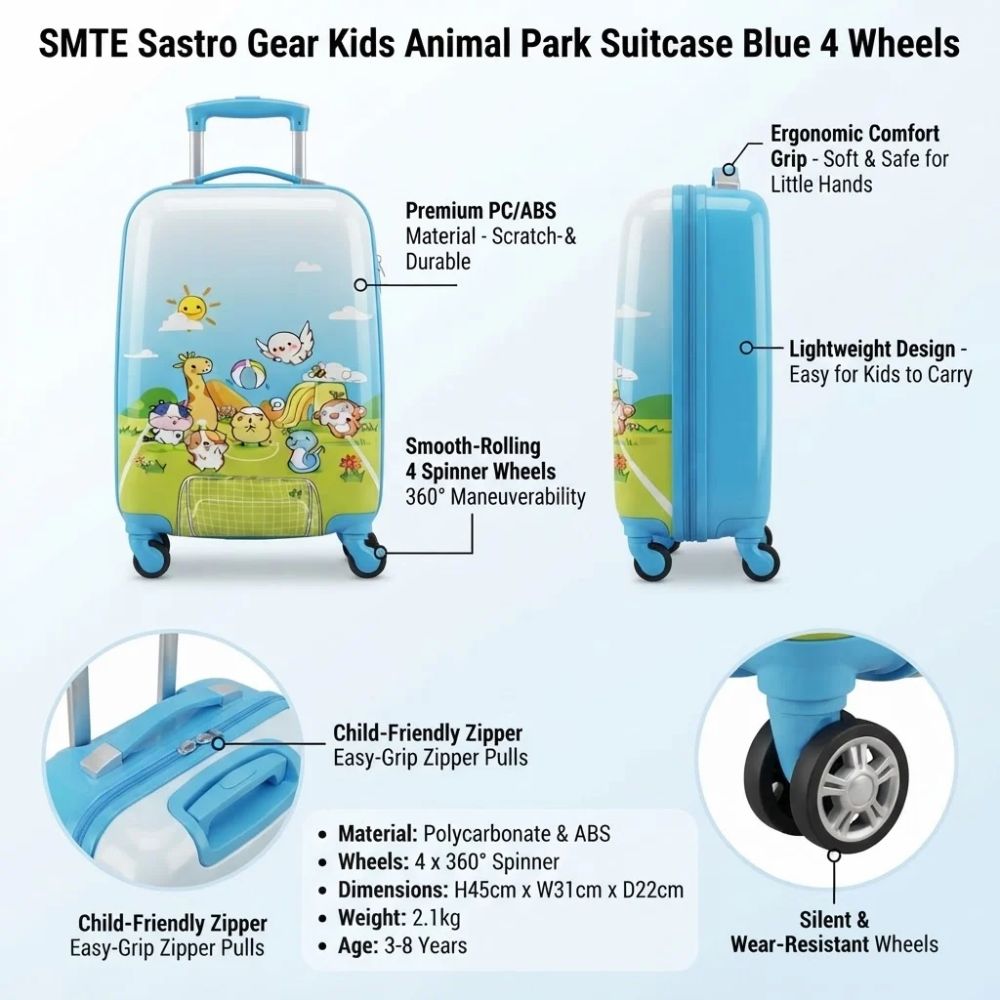 SMTE Sastro Gear Kids Animal Park Suitcase Blue 4 Wheels