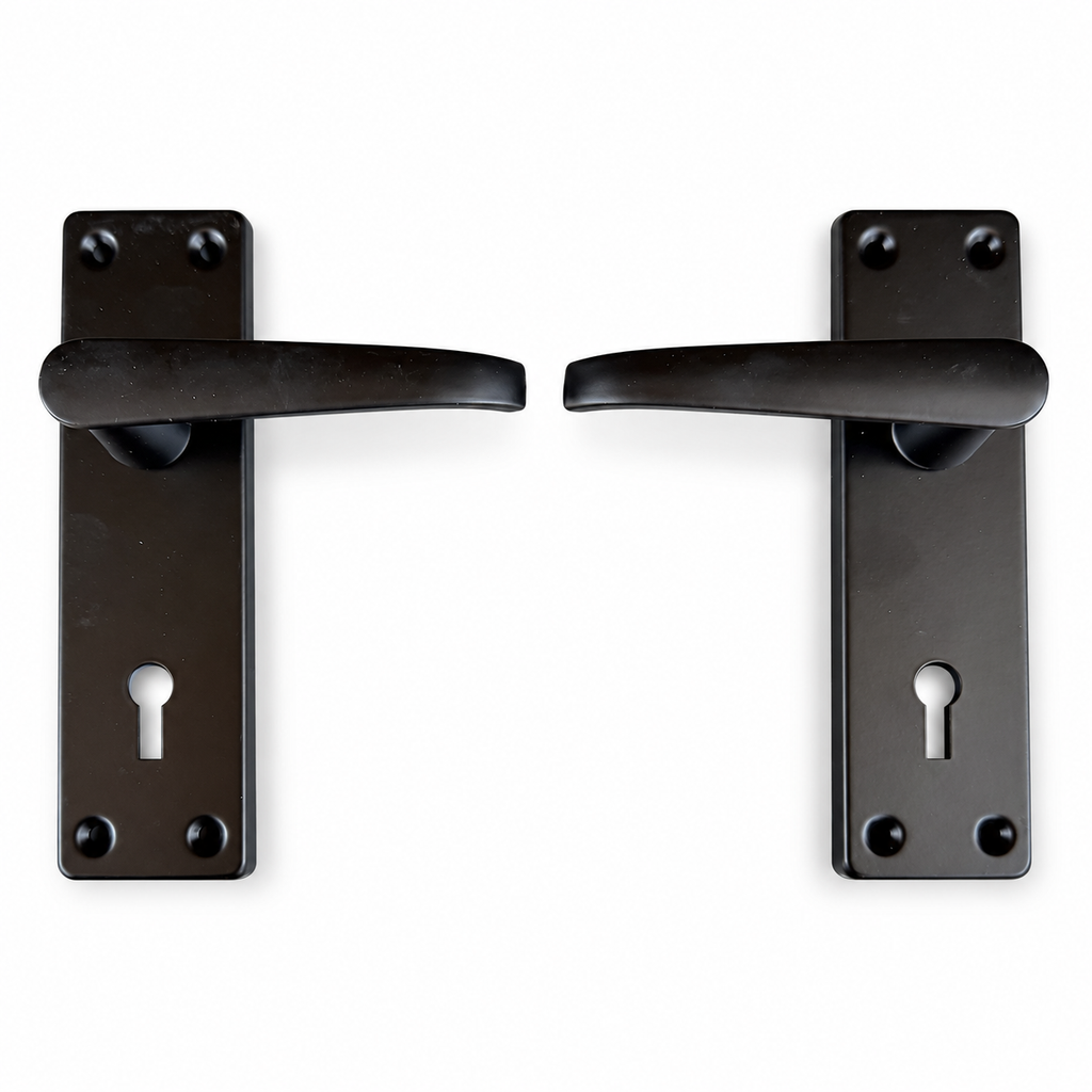SMTE - Black Lever Door Handle Pair with Keyhole Backplates - edited product view 1