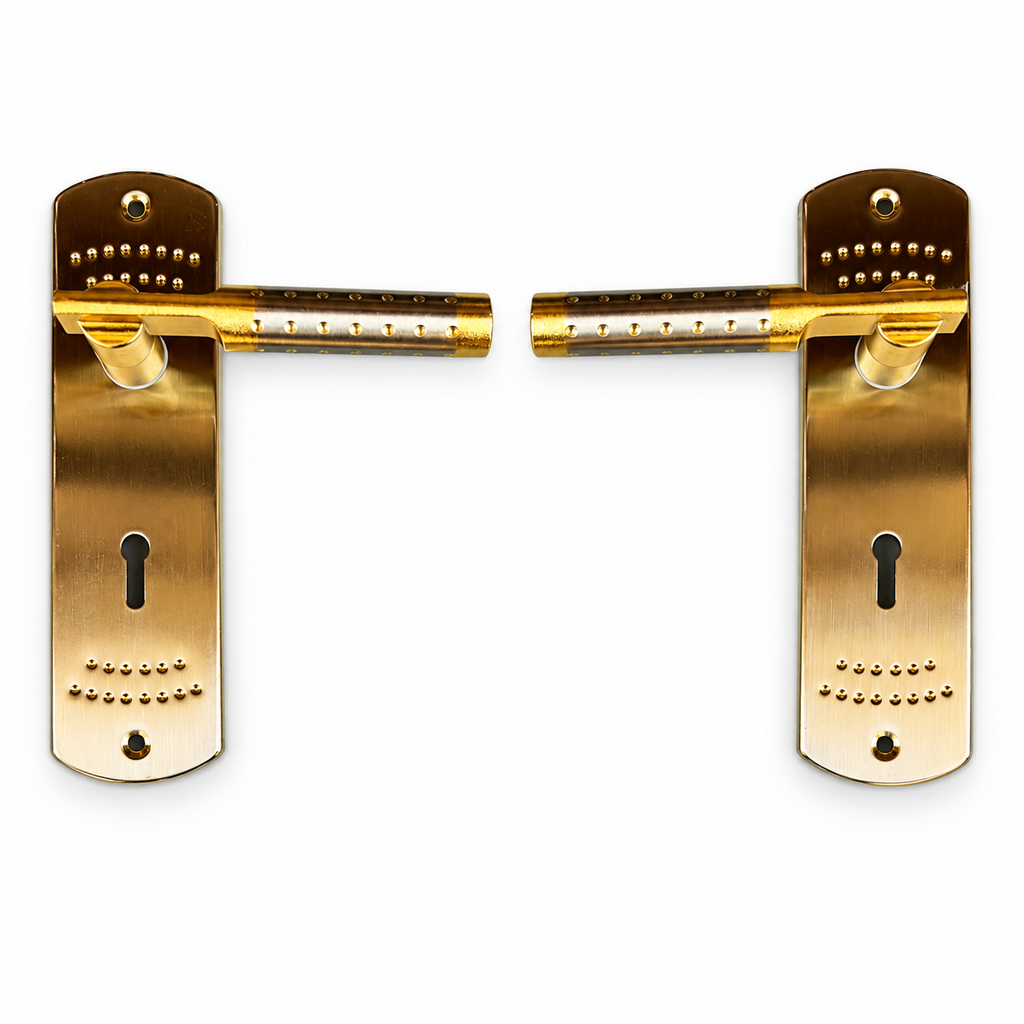 SMTE - Gold Lever Door Handle Pair with Keyhole Backplates - edited product view 1