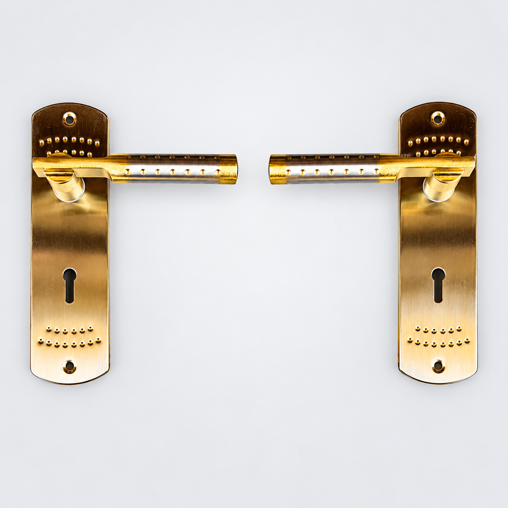SMTE - Gold Lever Door Handle Pair with Keyhole Backplates - edited product view 2