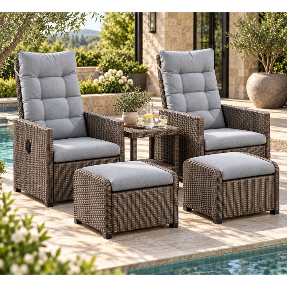 SMTE 5 Piece Outdoor Wicker Recliner Set with Ottomans Grey
