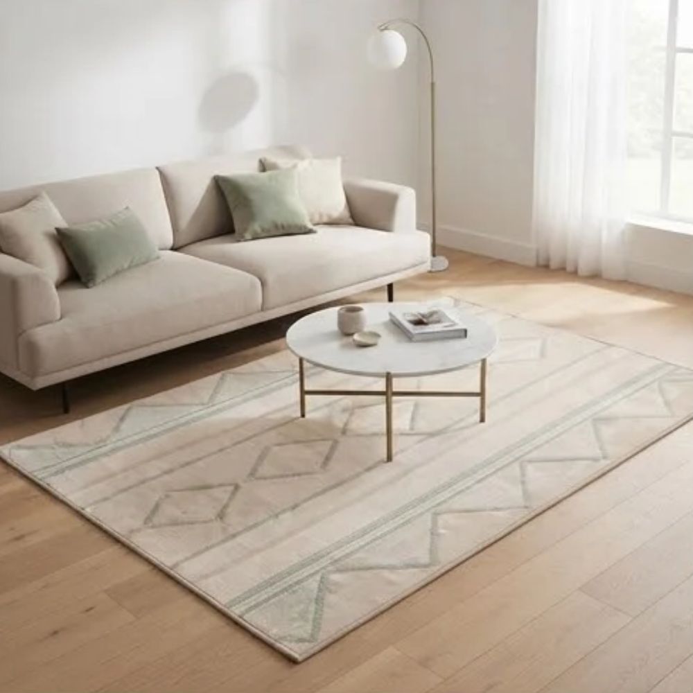 SMTE - Cream Green Geometric Rug 160 x 230 cm Floor Carpet
