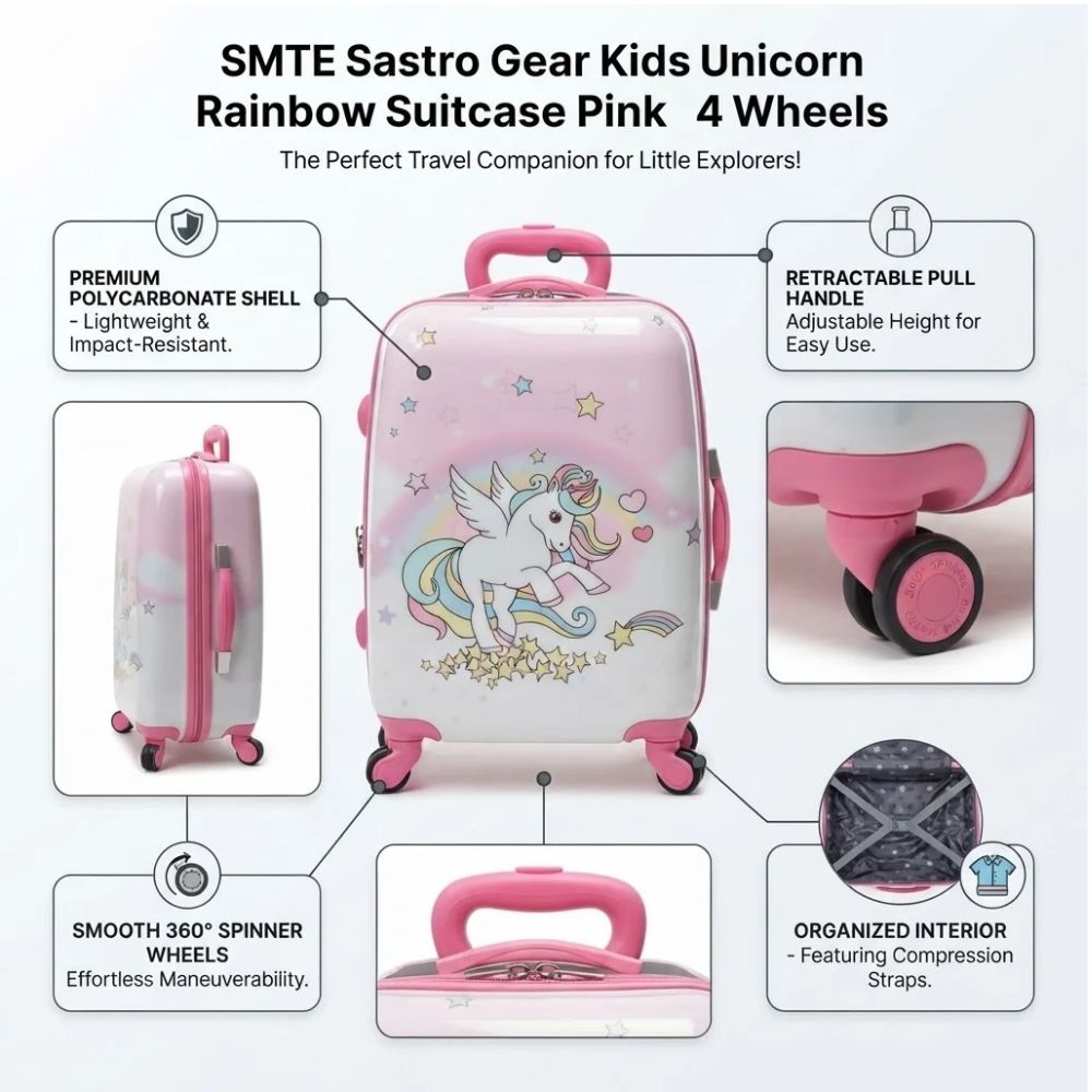 SMTE Sastro Gear Kids Unicorn Rainbow Suitcase Pink 4 Wheels