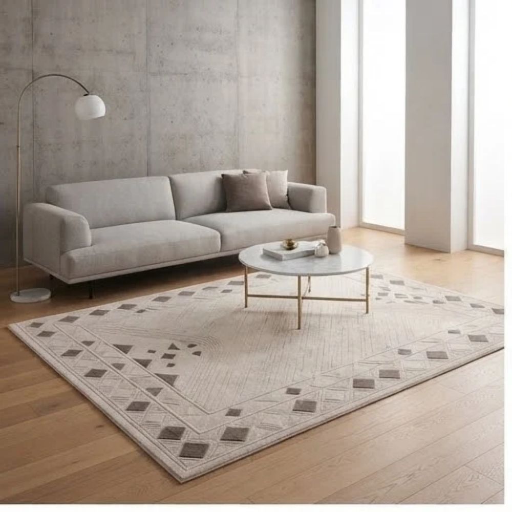 SMTE - Cream Geometric Rug - 200 x 290 cm Modern Area Carpet