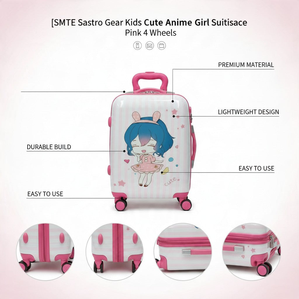 SMTE Sastro Gear Kids Cute Anime Girl Suitcase Pink 4 Wheels