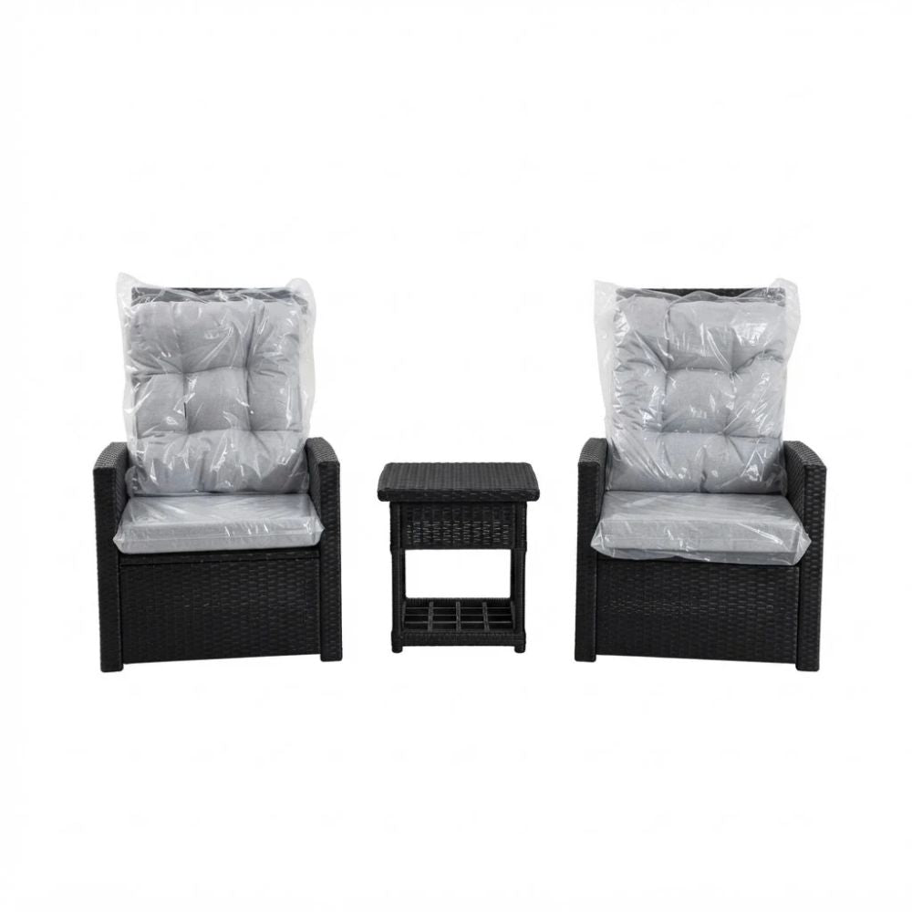 SMTE 3 Piece Outdoor Wicker Bistro Set with Side Table Black