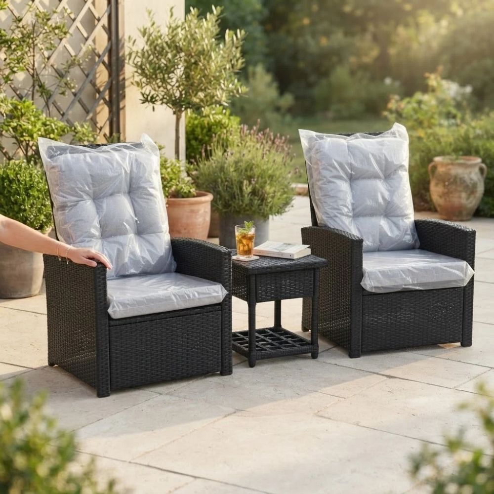 SMTE 3 Piece Outdoor Wicker Bistro Set with Side Table Black