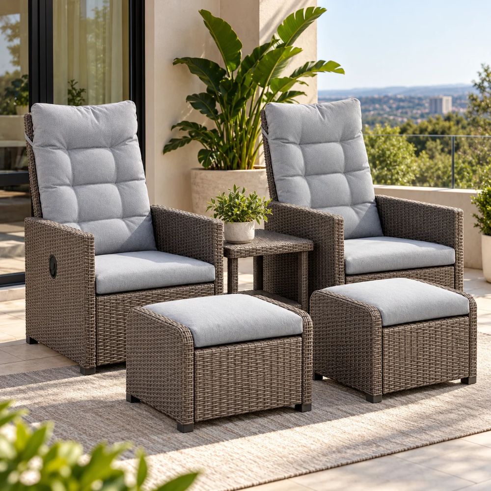 SMTE 5 Piece Outdoor Wicker Recliner Set with Ottomans Grey