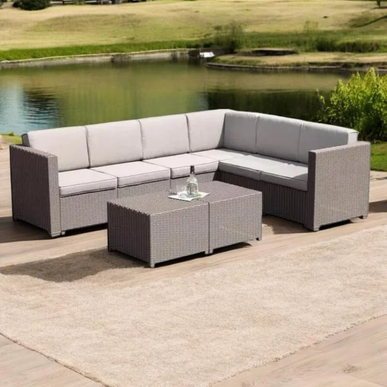 SMTE 5 Piece Outdoor Wicker Sectional Sofa Set with Coffee Table