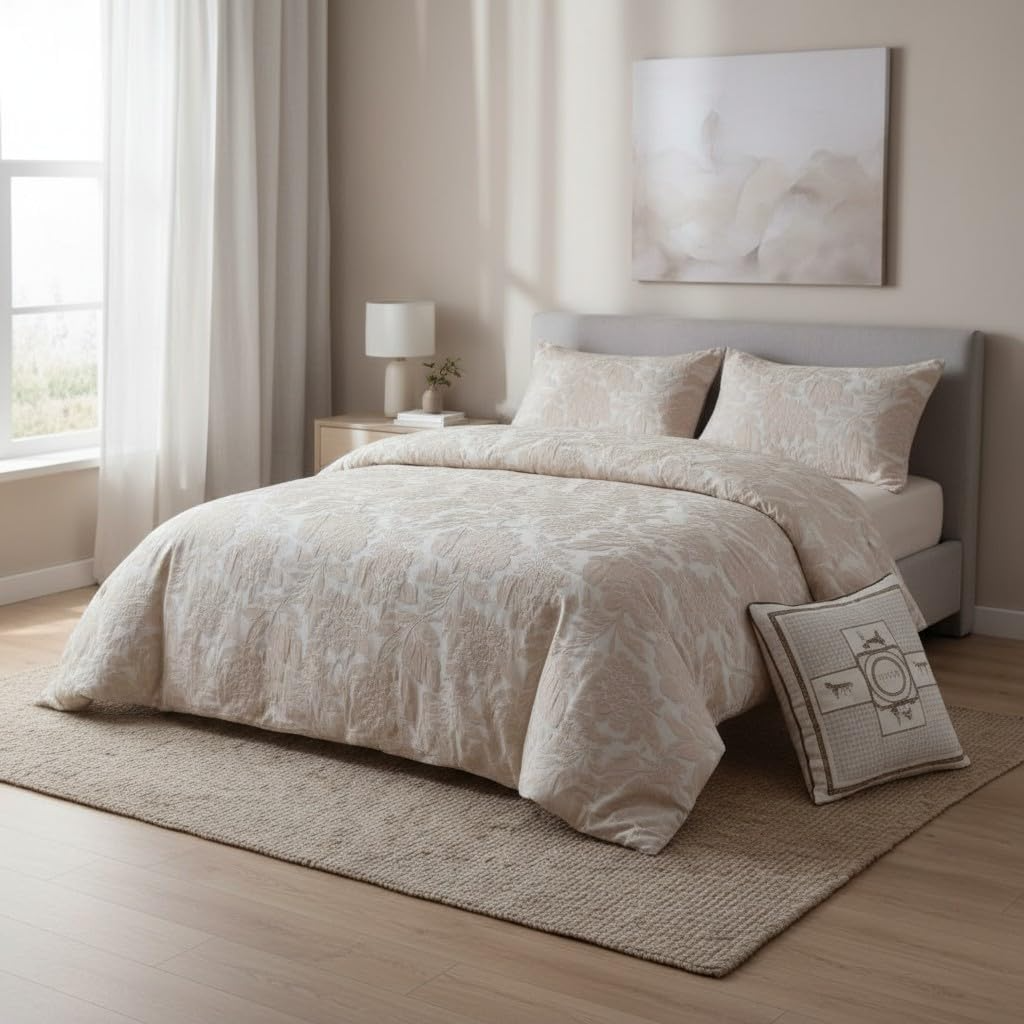 SMTE 4 Piece Reversible Quilt Set Super King Bedspread Beige
