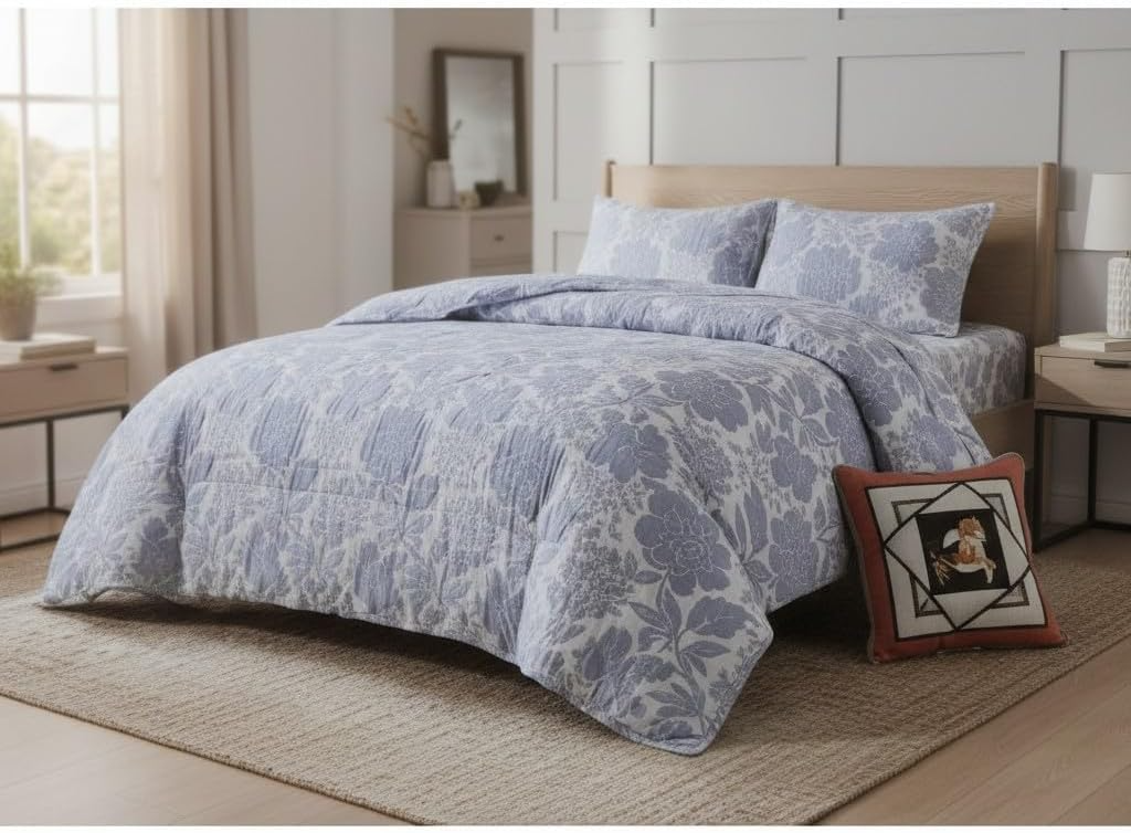 SMTE 4 Piece Reversible Quilt Set Super King Blue Floral