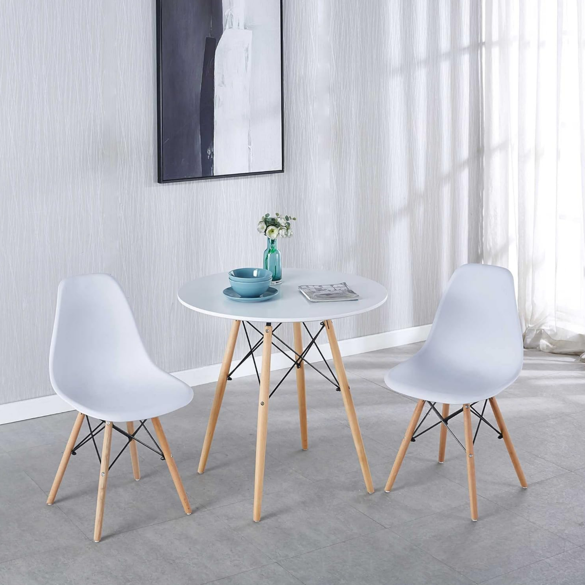 SMTE DT37M Modern Round Dining Table with Solid Beech Wood Legs (Dia 80 × 75 cm)