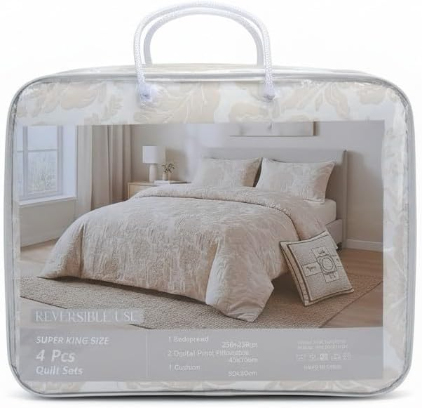 SMTE 4 Piece Reversible Quilt Set Super King Bedspread Beige