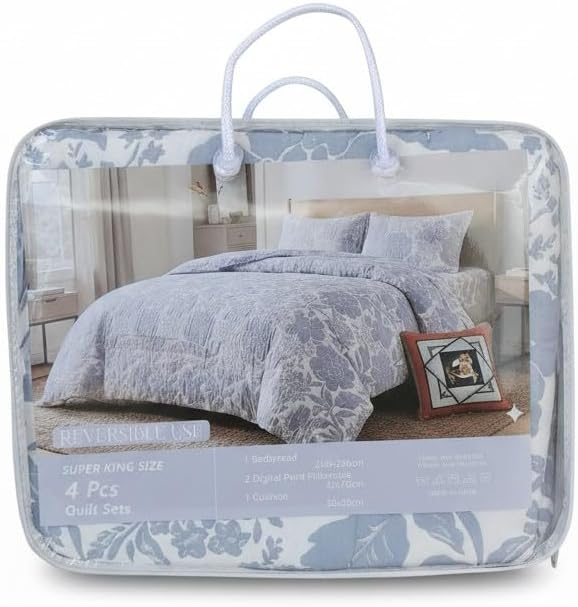 SMTE 4 Piece Reversible Quilt Set Super King Blue Floral