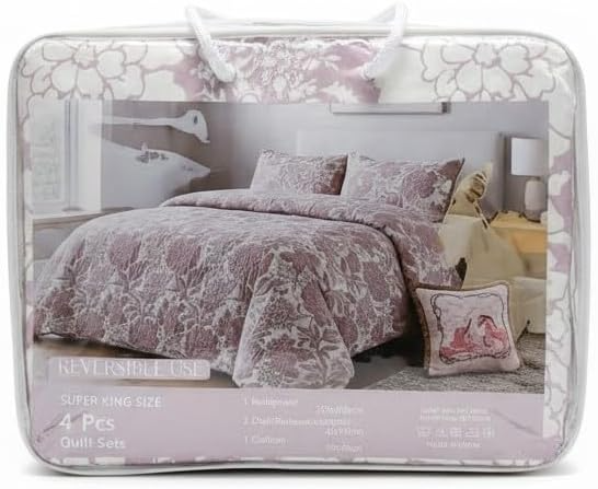 SMTE 4 Piece Reversible Quilt Set Super King Bedspread Pink