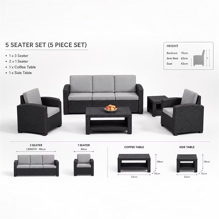 SMTE 5 Piece Outdoor Wicker Sofa Set with Coffee Table and Side Table