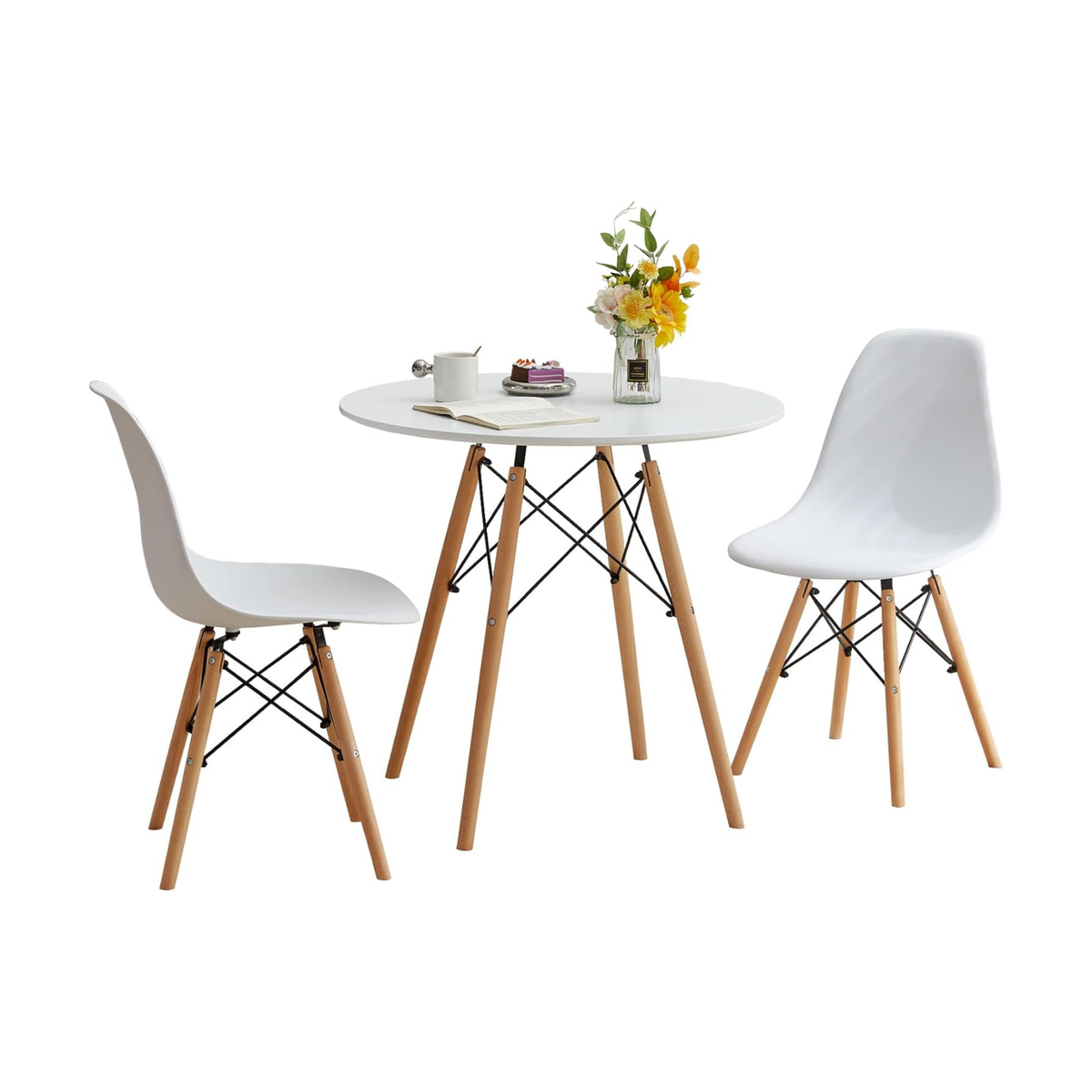 SMTE DT37M Modern Round Dining Table with Solid Beech Wood Legs (Dia 80 × 75 cm)