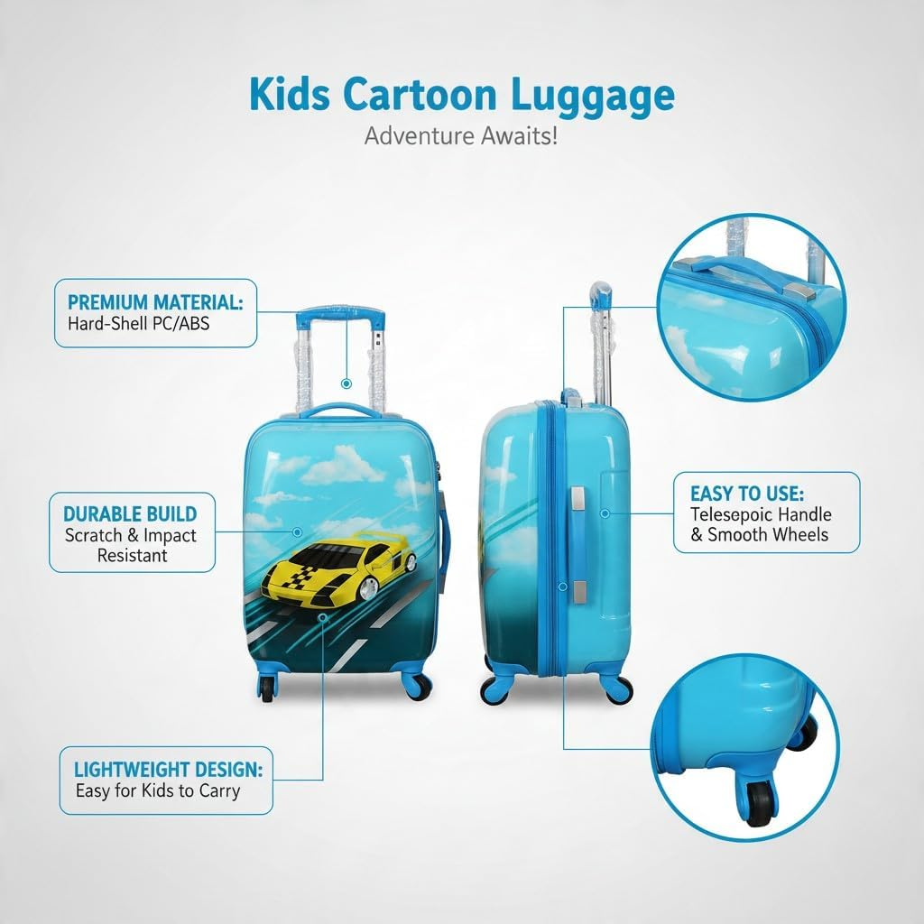SMTE Sastro Gear Kids Cartoon Race Car Suitcase Sky Blue 4 Wheels