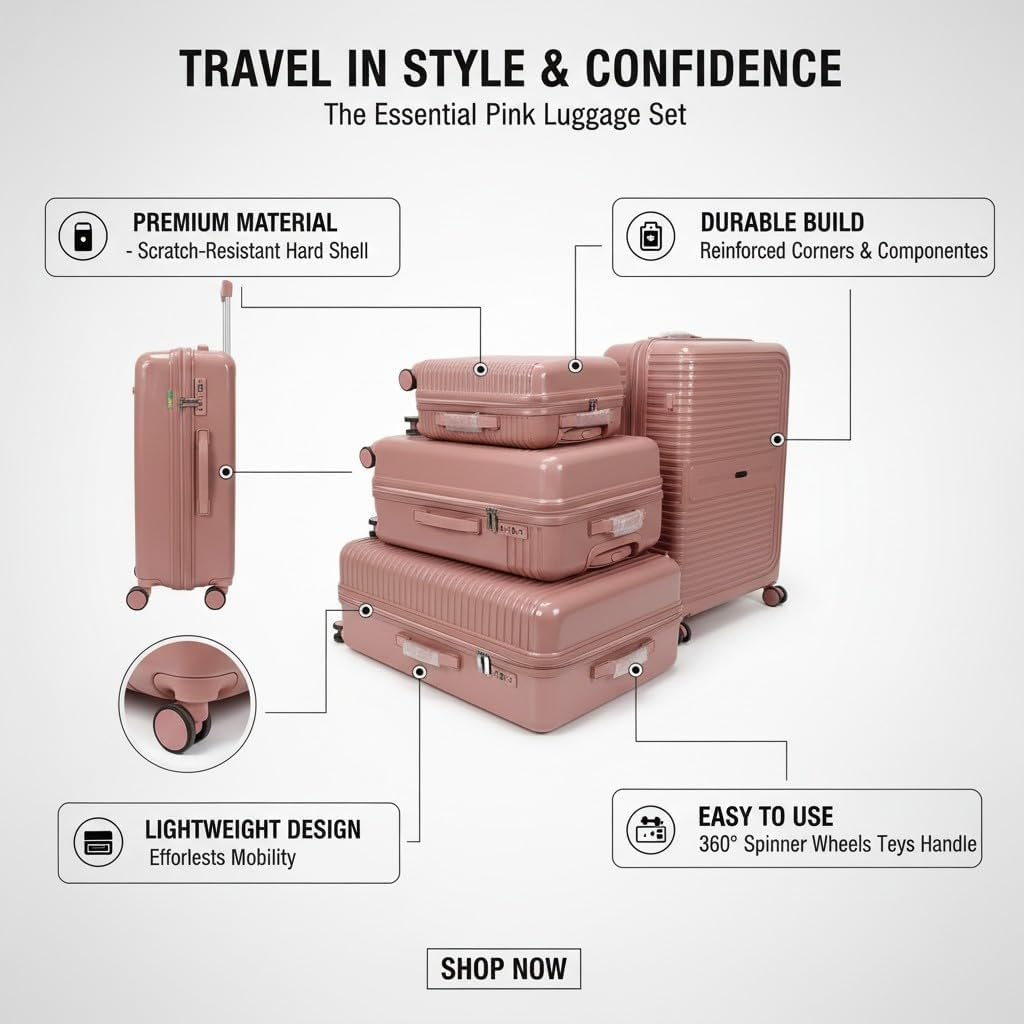 SMTE Sastro Gear 3-Piece Pink Polypropylene Hardshell Suitcase Set 8 Wheels-Apart