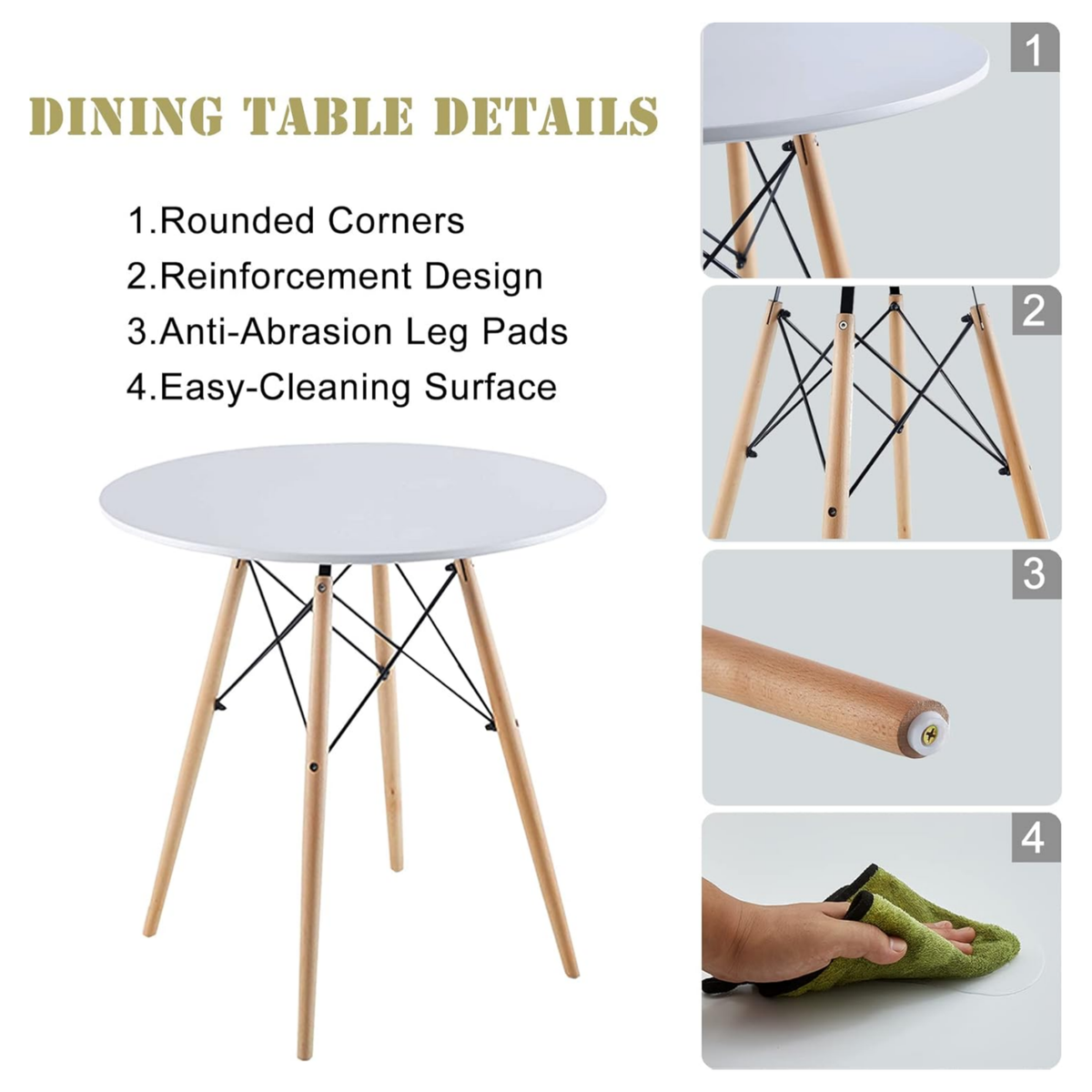 SMTE DT37M Modern Round Dining Table with Solid Beech Wood Legs (Dia 80 × 75 cm)