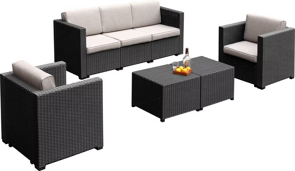SMTE 5 Piece Outdoor Wicker Sofa Set with Coffee Table Dark Brown