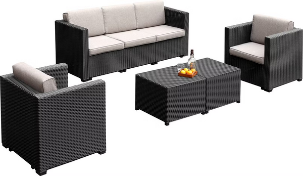 SMTE 5 Piece Outdoor Wicker Sofa Set with Coffee Table Dark Brown