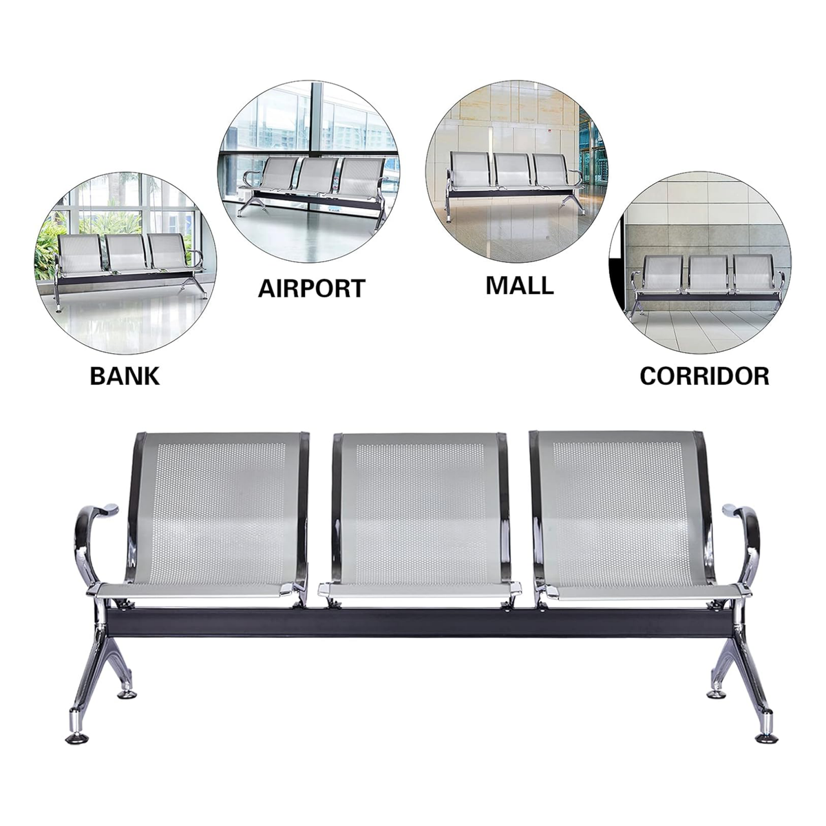 SMTE 3-Seat Heavy-Duty Steel Airport Waiting Room Bench & Reception Chair S-503