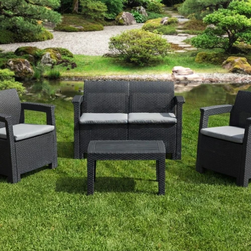 SMTE 4 Piece Outdoor Wicker Sofa Set with Coffee Table Black