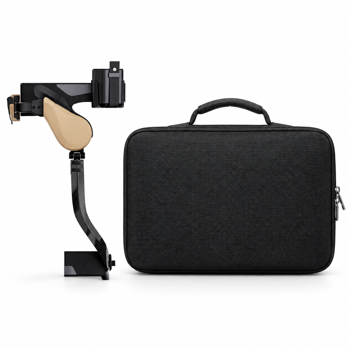 Side view of the wearable exoskeleton beside a black carry case