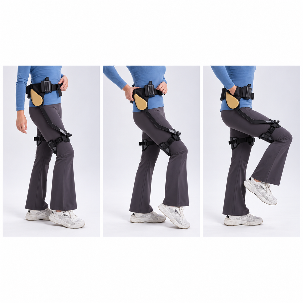 Exoskeleton belt and thigh straps shown in three leg positions