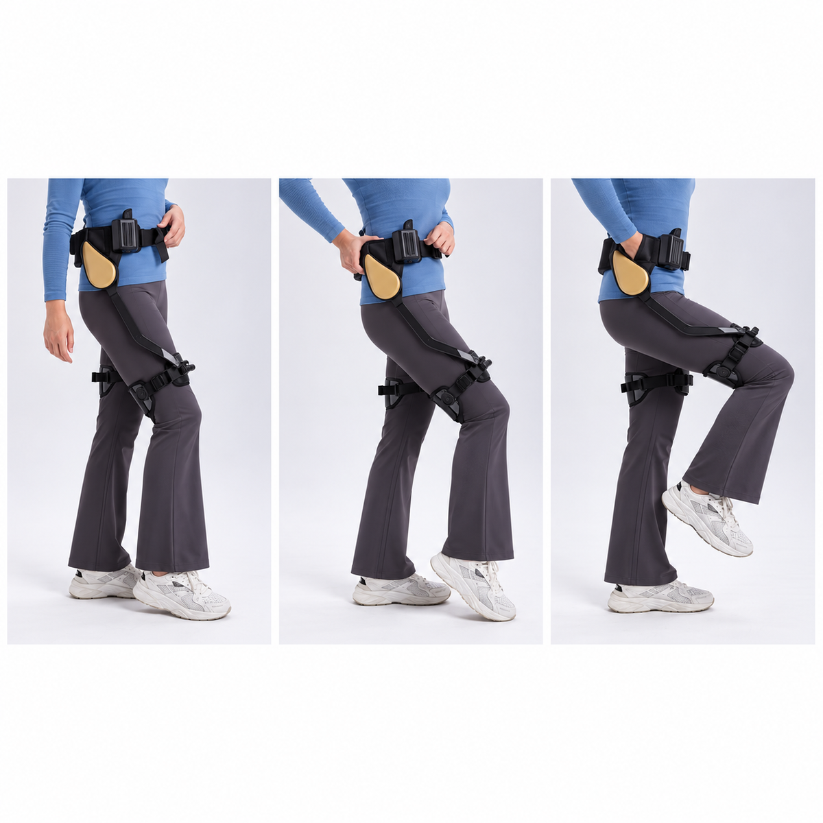 Exoskeleton belt and thigh straps shown in three leg positions