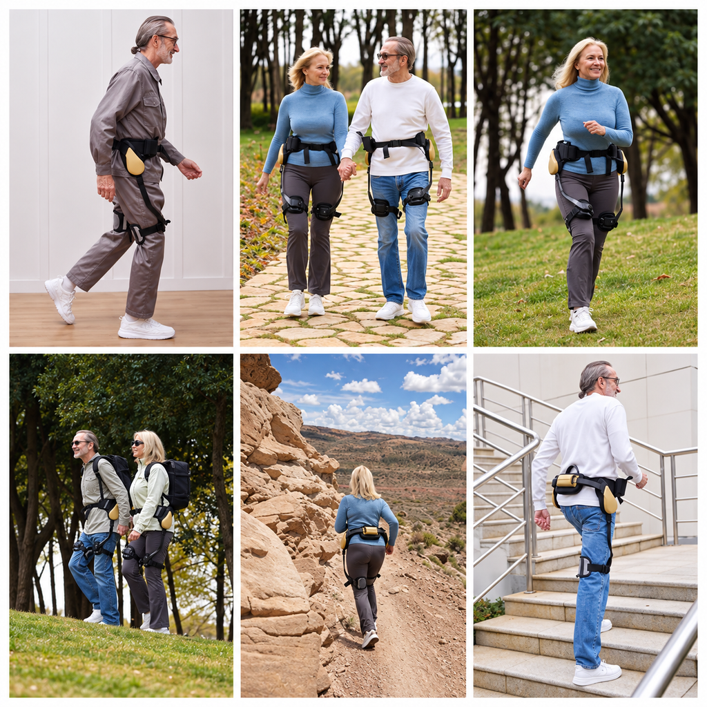 Supplier lifestyle photographs showing the exoskeleton worn during walking