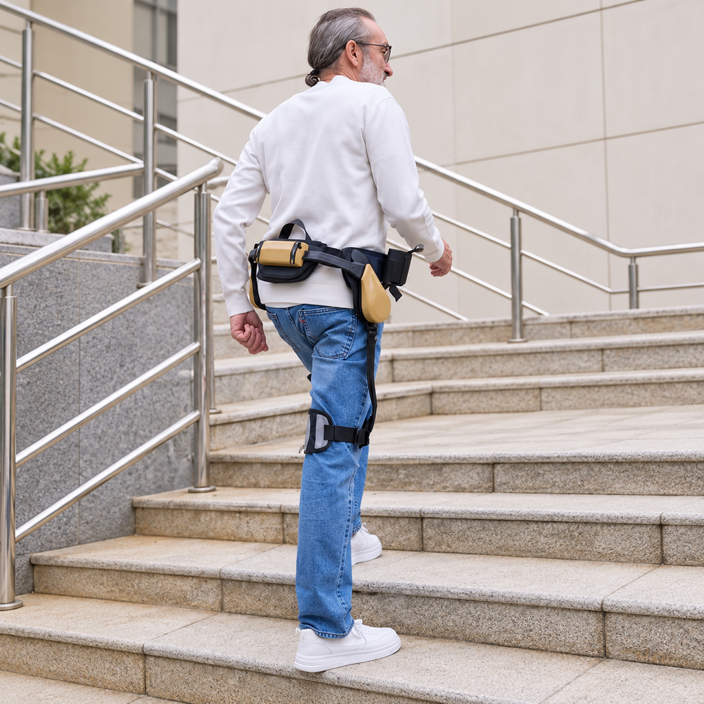 Rear view of the khaki exoskeleton worn on stairs