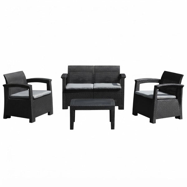 SMTE 4 Piece Outdoor Wicker Sofa Set with Coffee Table Black
