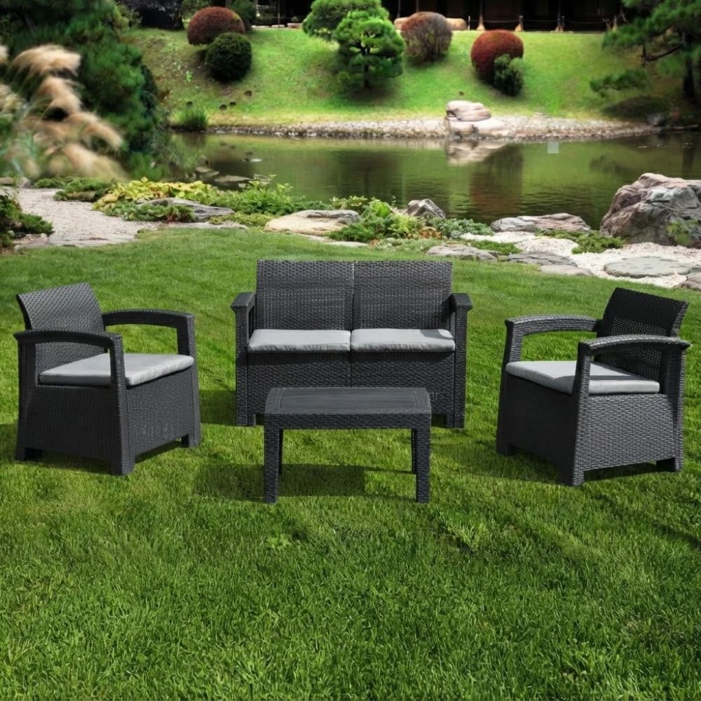 SMTE 4 Piece Outdoor Wicker Sofa Set with Coffee Table Black