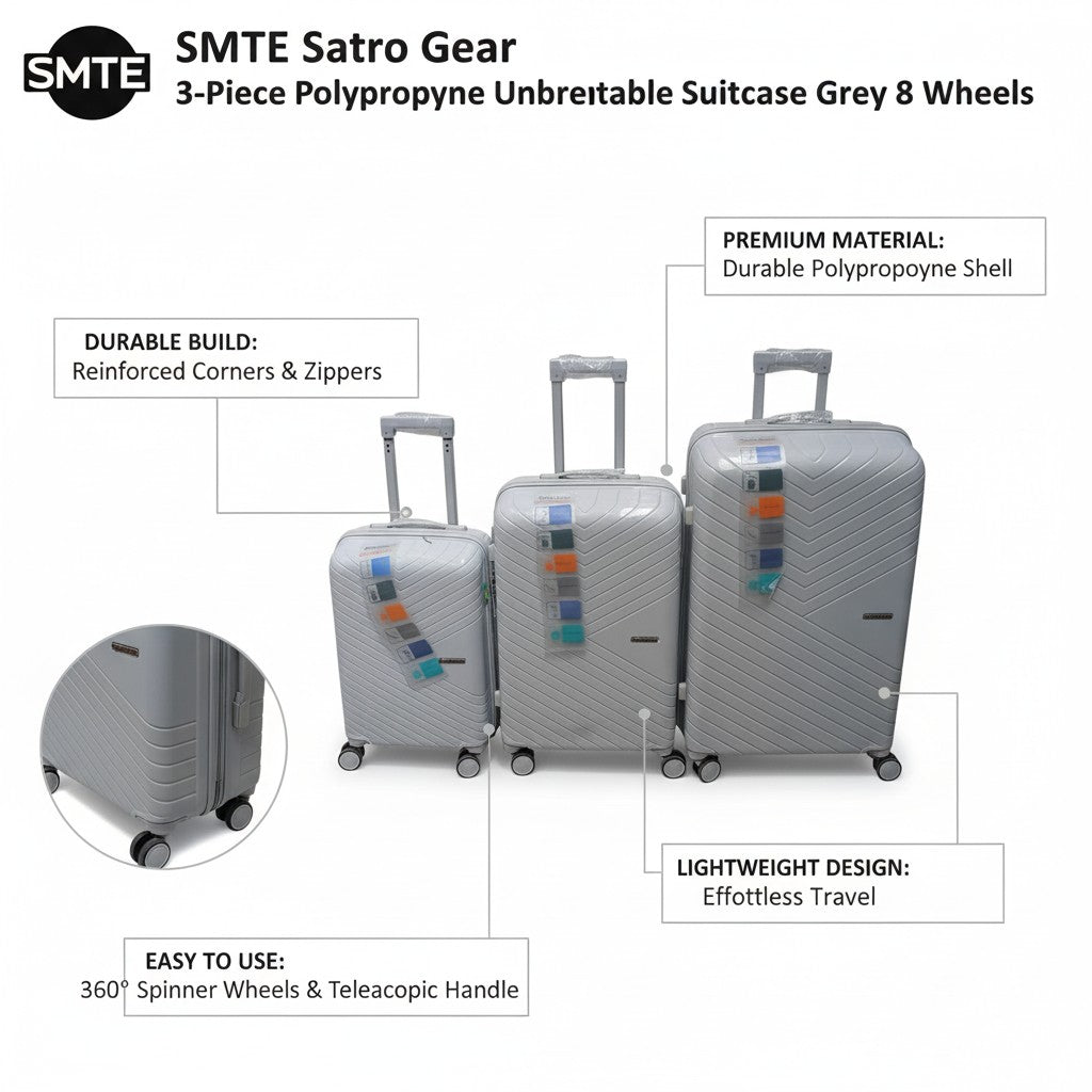 SMTE Sastro Gear 3-Piece Polypropylene Unbreakable Suitcase Grey 8 Wheels